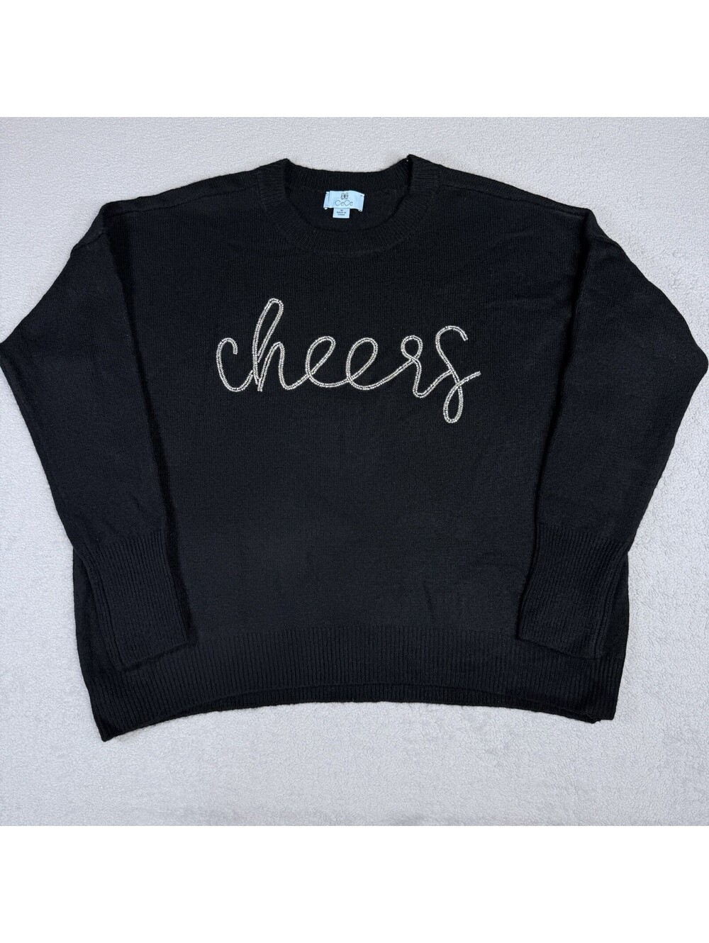 CeCe Sweater Cheers Women Sz M Black Crew Neck Pullover Cottagecore Coquette